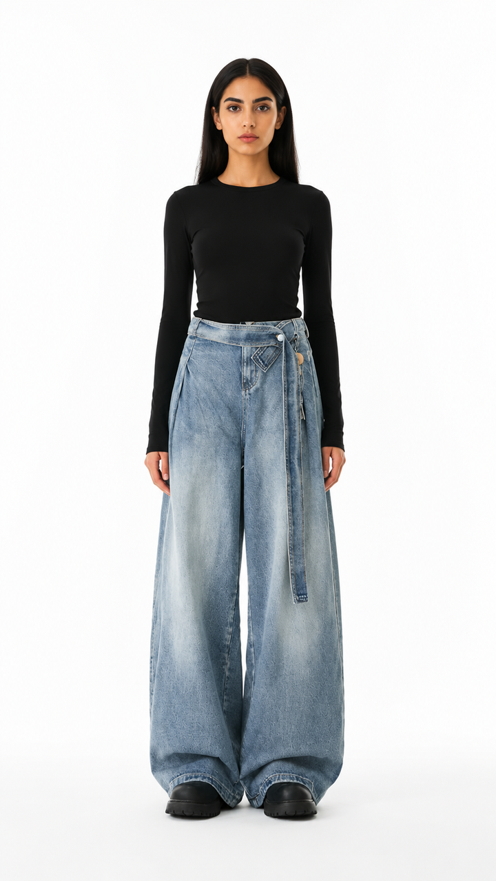 Blue Cross-Waist Oversized Wide-Leg Jeans – TREVANO