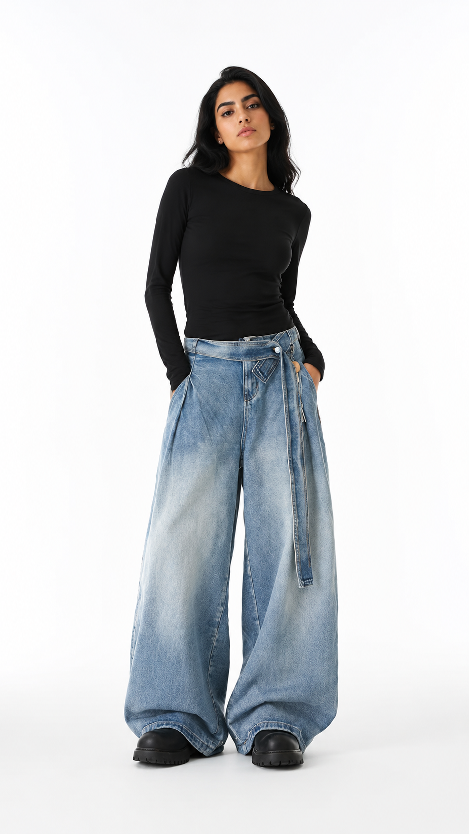 Blue Cross-Waist Oversized Wide-Leg Jeans – TREVANO