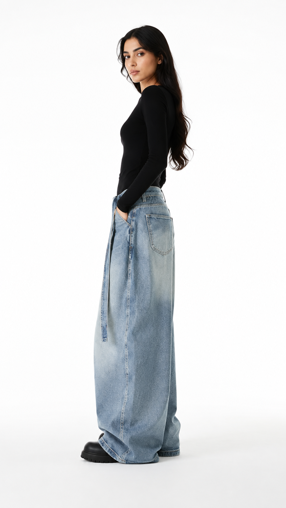 Blue Cross-Waist Oversized Wide-Leg Jeans – TREVANO