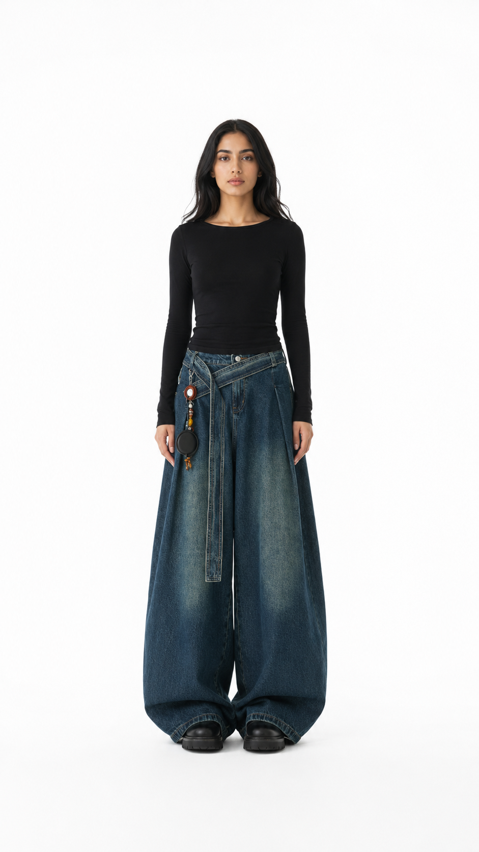 Blue Cross-Waist Oversized Wide-Leg Jeans – TREVANO