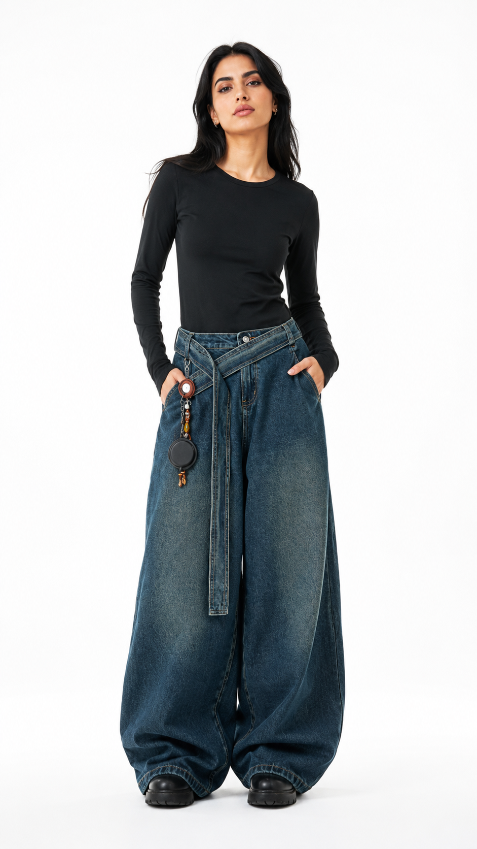 Blue Cross-Waist Oversized Wide-Leg Jeans – TREVANO
