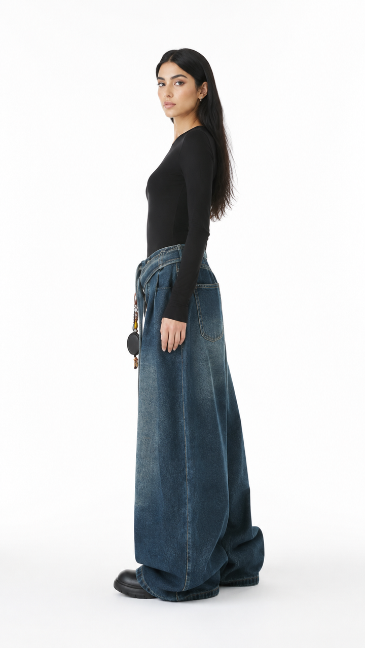 Blue Cross-Waist Oversized Wide-Leg Jeans – TREVANO