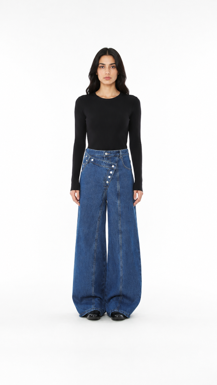 Blue Asymmetric Button Wide-Leg Jeans – RIVARO