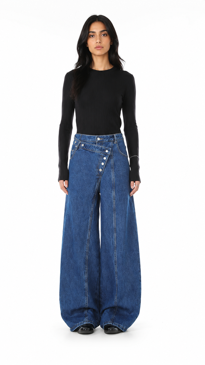 Blue Asymmetric Button Wide-Leg Jeans – RIVARO