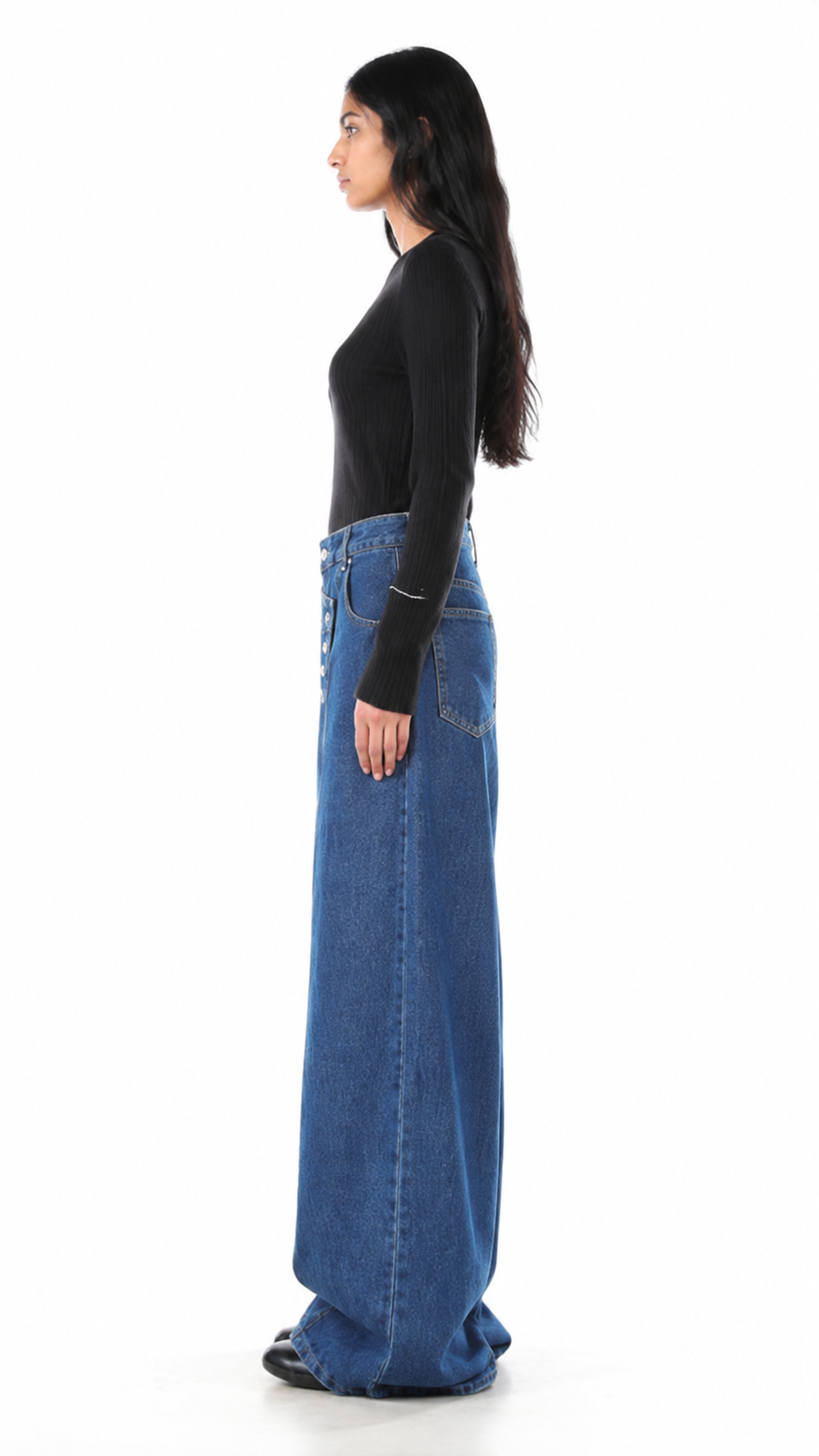 Blue Asymmetric Button Wide-Leg Jeans – RIVARO