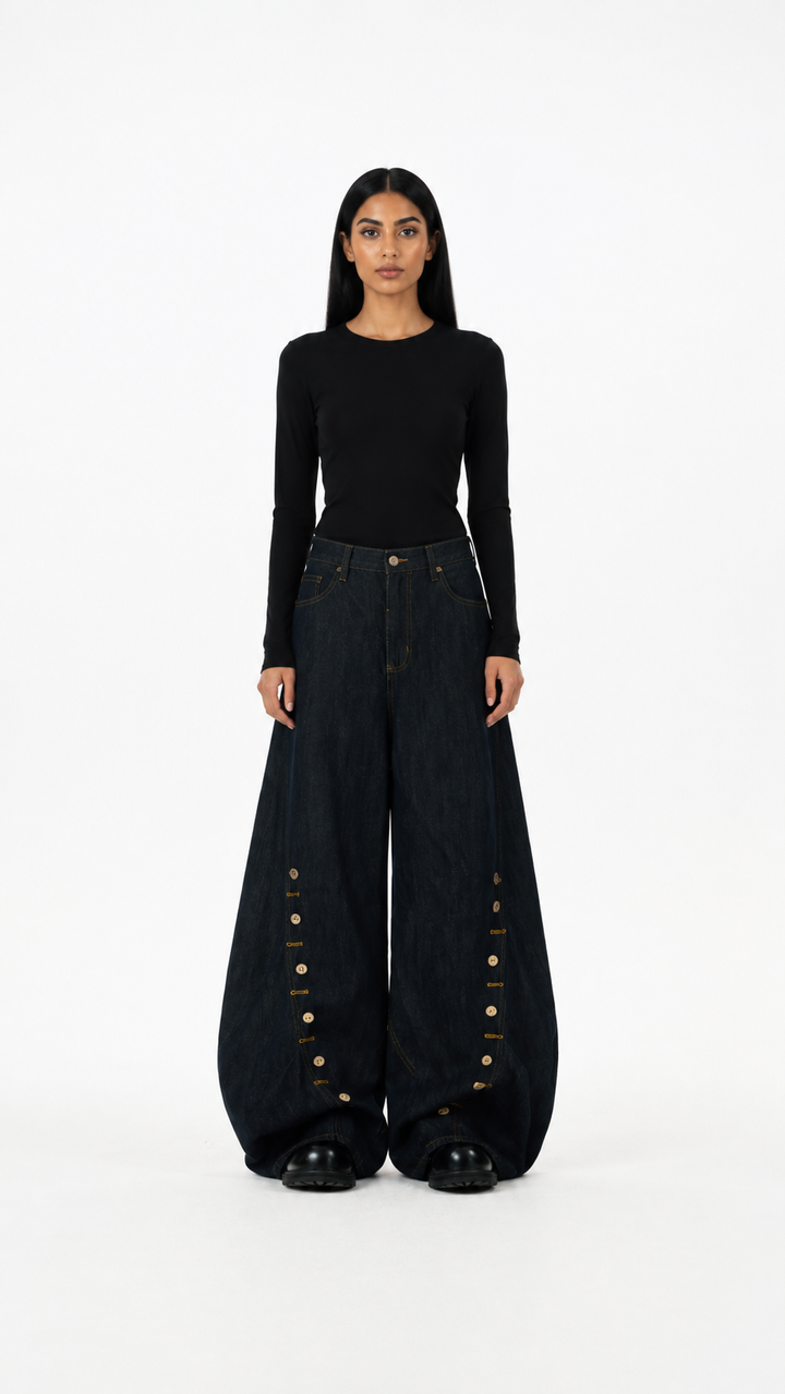 Black Washed Button Detail Wide-Leg Jeans – ZORVEN