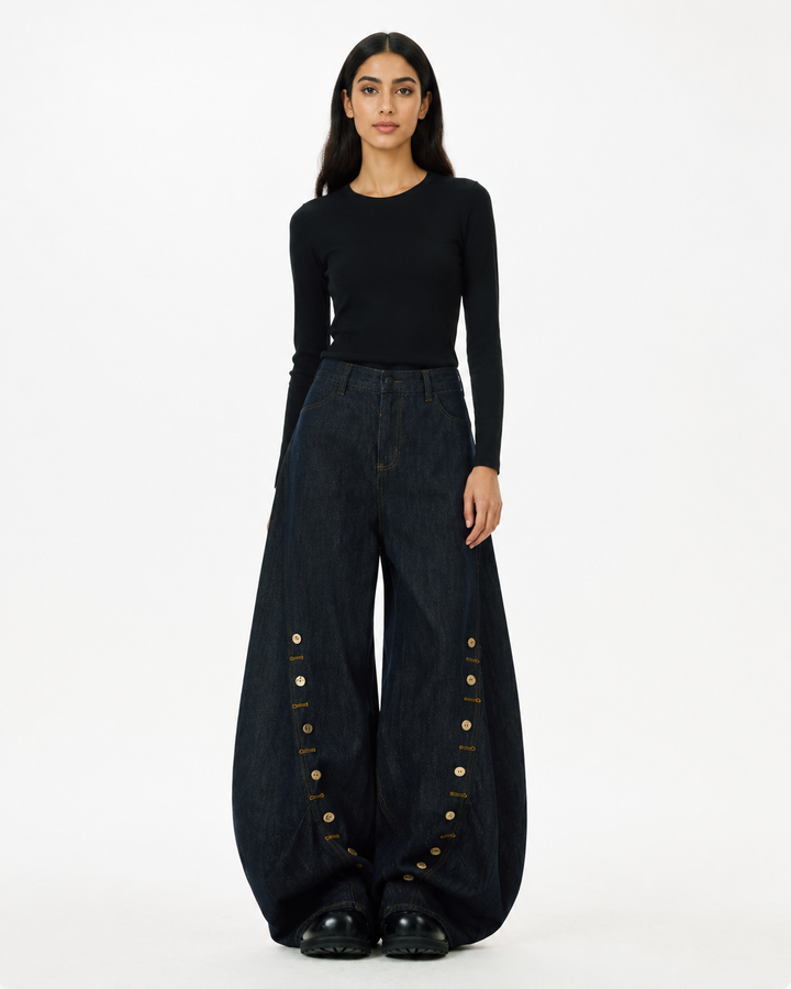 Black Washed Button Detail Wide-Leg Jeans – ZORVEN