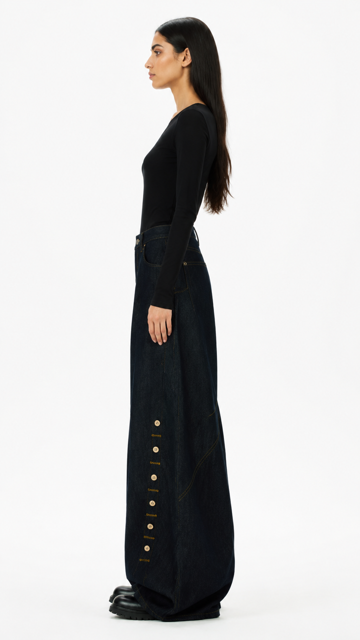 Black Washed Button Detail Wide-Leg Jeans – ZORVEN