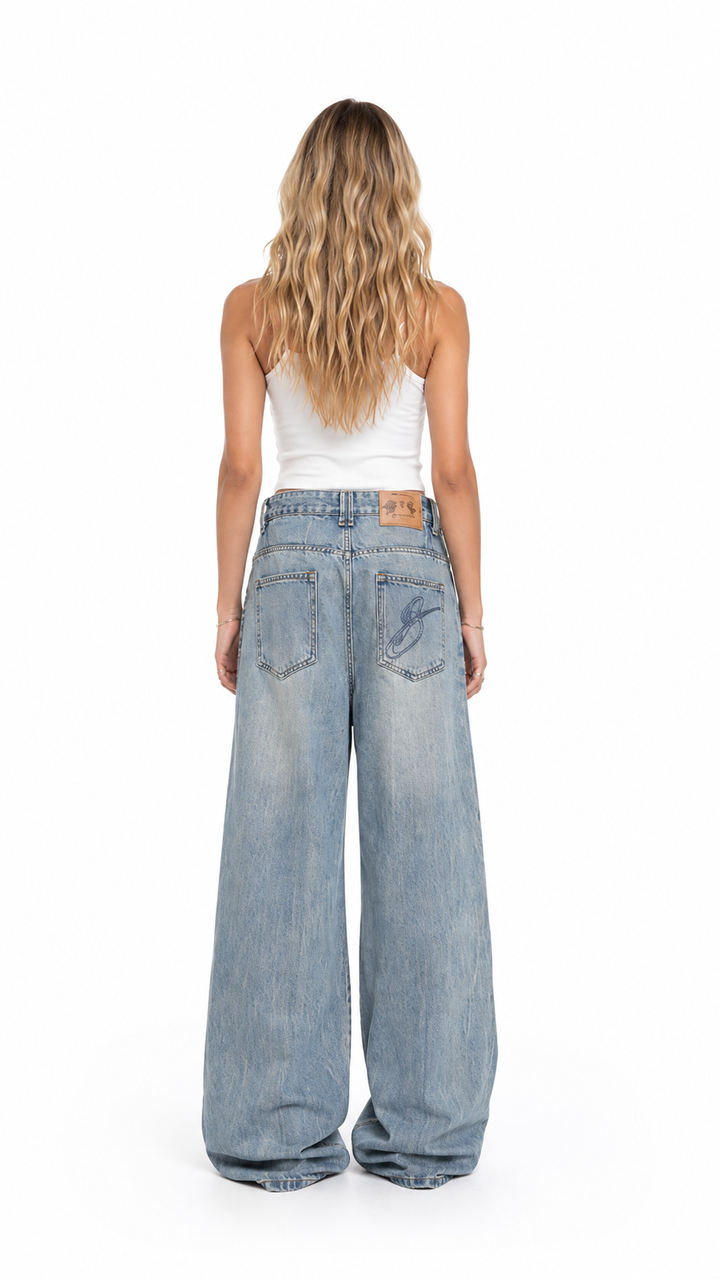 Blue Button Detail Wide-Leg Jeans – DENVARA