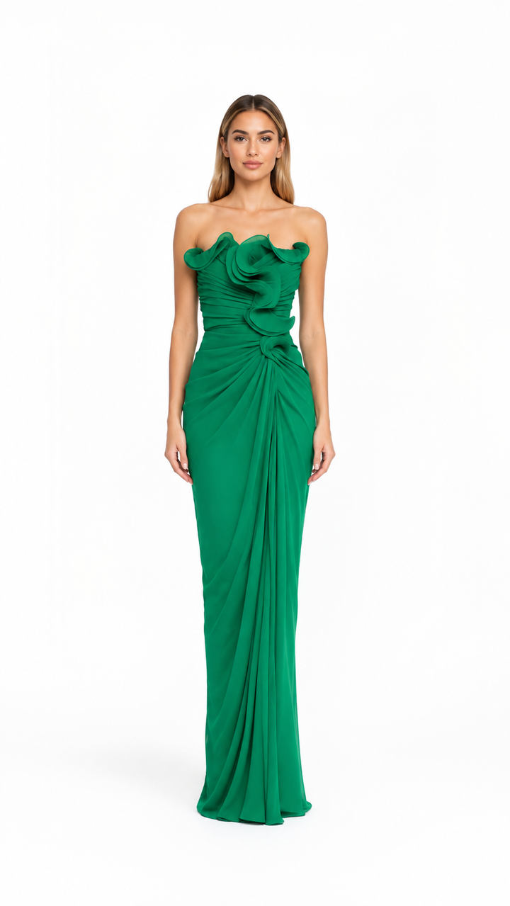 Emerald Green Ruffle Draped Evening Dress – EMERISSA