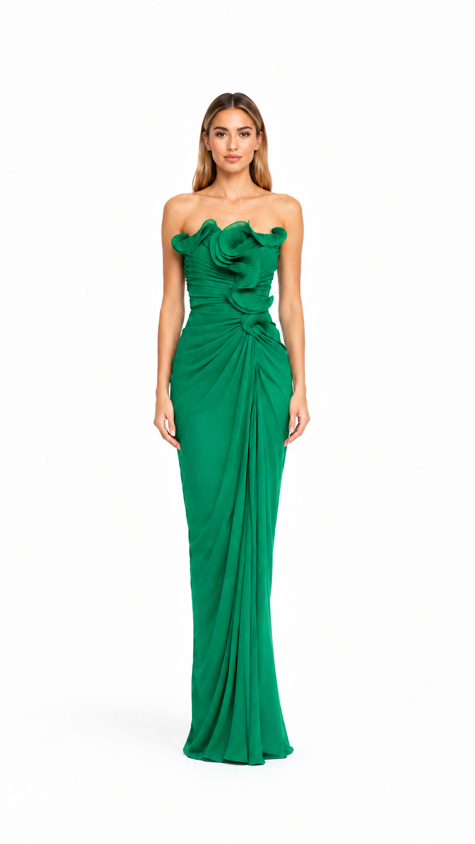 Emerald Green Ruffle Draped Evening Dress – EMERISSA