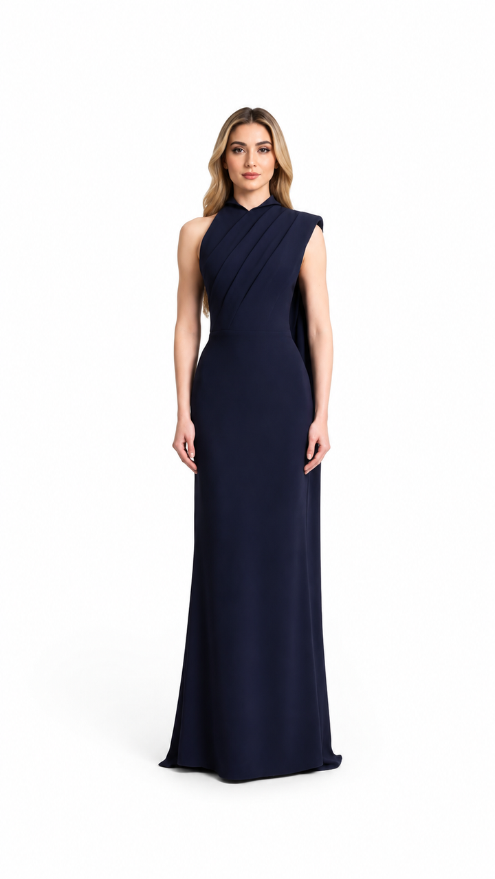 Navy Asymmetric Pleated Evening Dress – NAVÉLIA