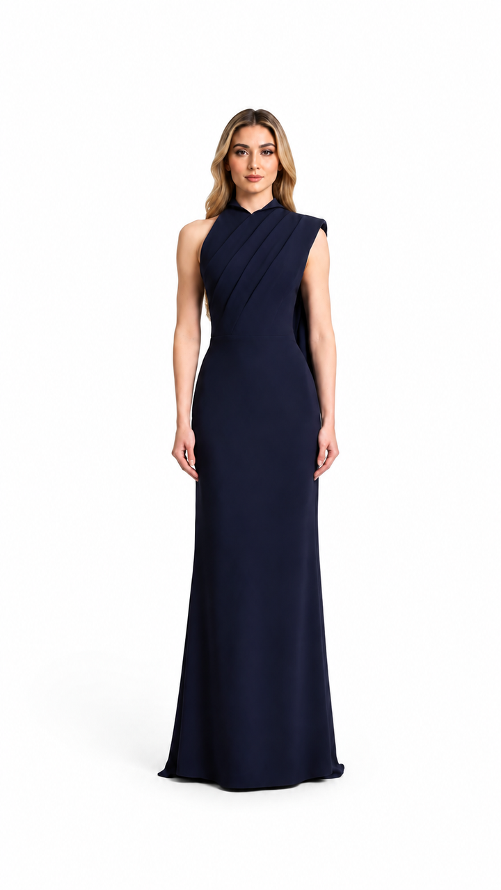 Navy Asymmetric Pleated Evening Dress – NAVÉLIA