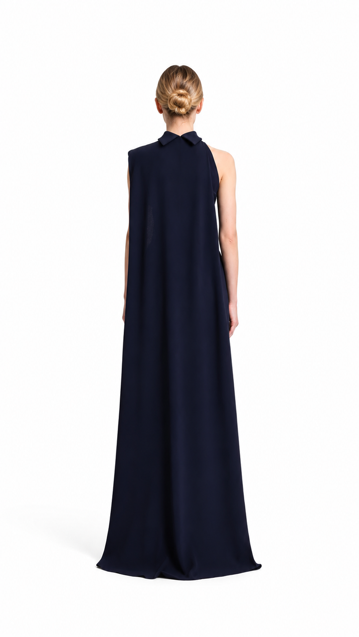 Navy Asymmetric Pleated Evening Dress – NAVÉLIA