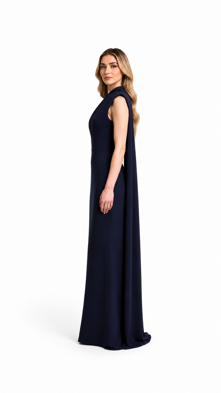 Navy Asymmetric Pleated Evening Dress – NAVÉLIA