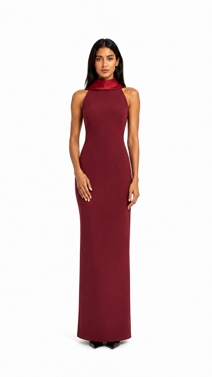 Burgundy High Neck Sleeveless Evening Dress – MARÉVIA