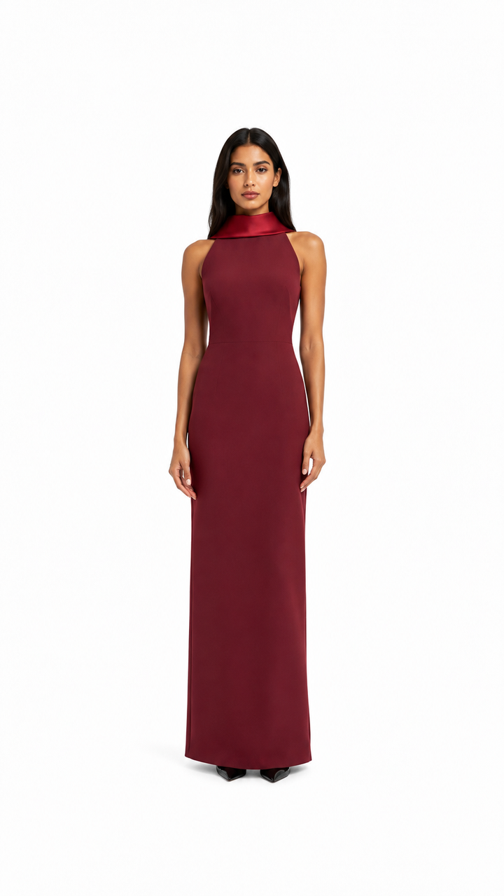 Burgundy High Neck Sleeveless Evening Dress – MARÉVIA