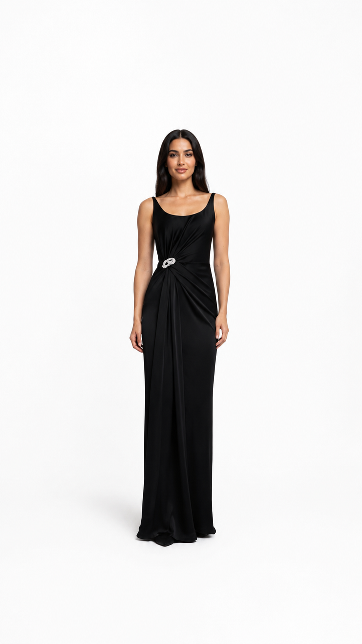 Black Draped Crystal Buckle Evening Dress – ZAVÉLLE