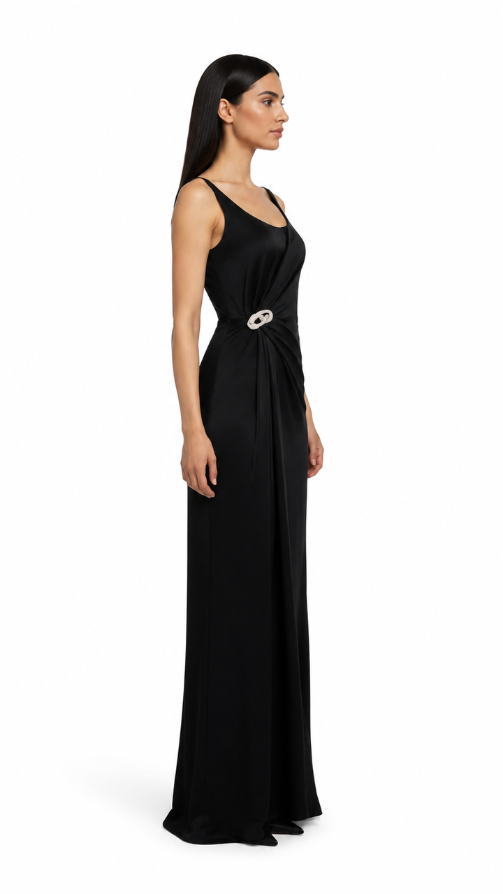Black Draped Crystal Buckle Evening Dress – ZAVÉLLE