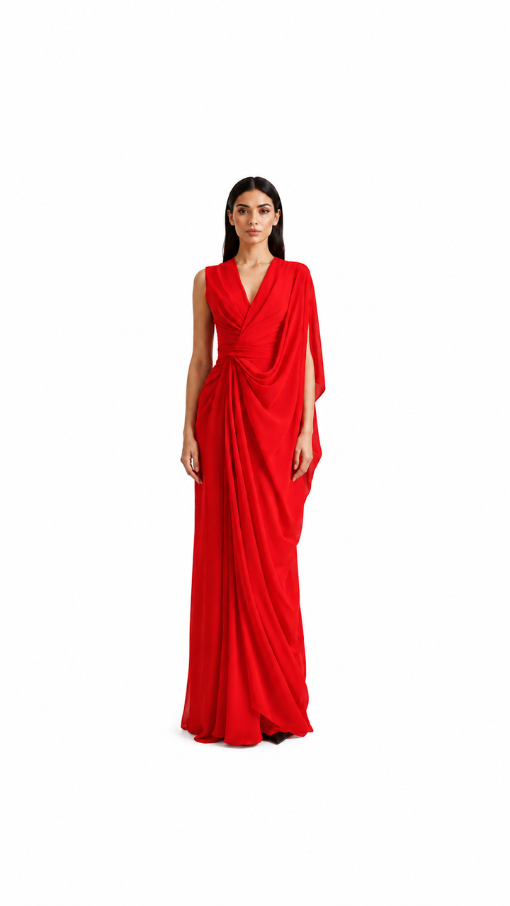 Red Draped One-Shoulder Evening Dress – SORELIA