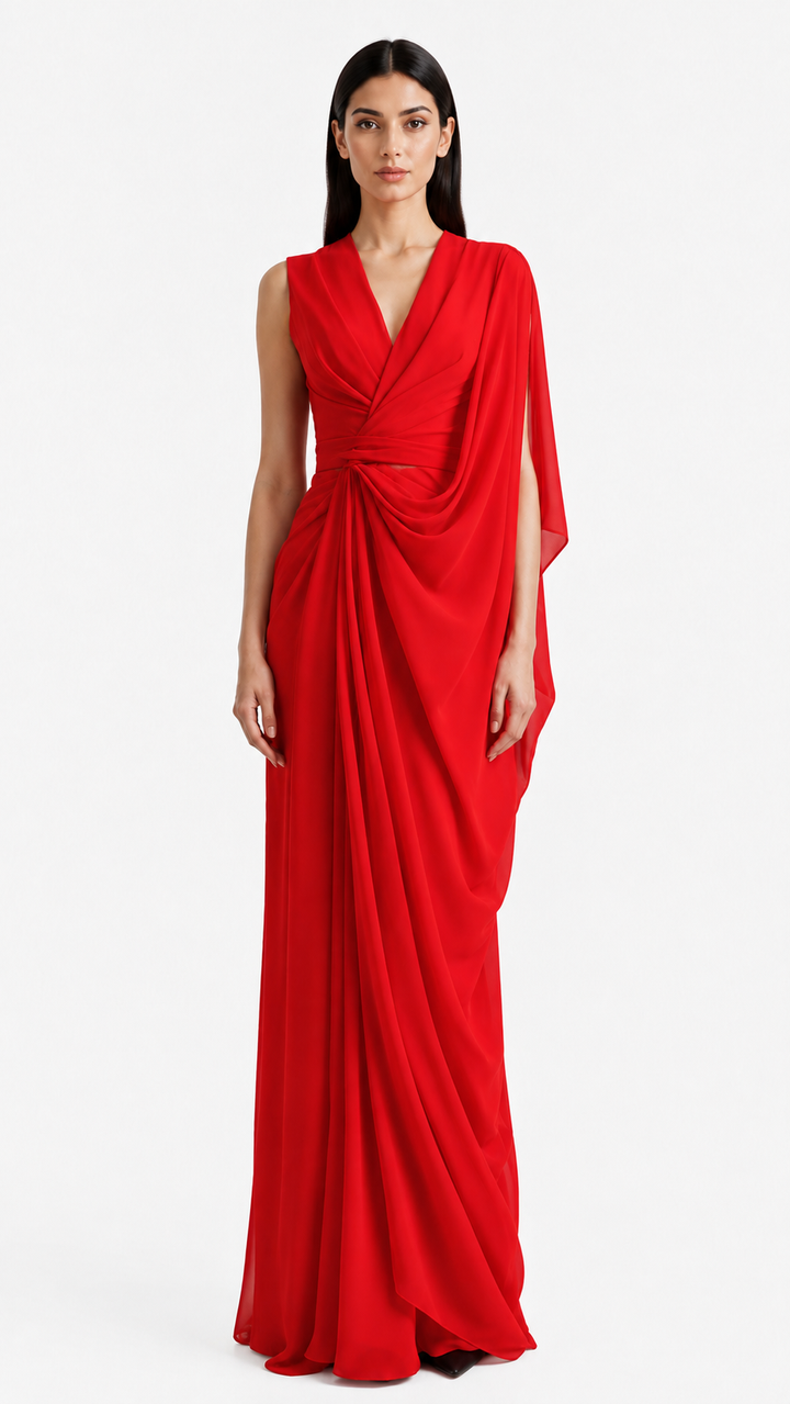 Red Draped One-Shoulder Evening Dress – SORELIA