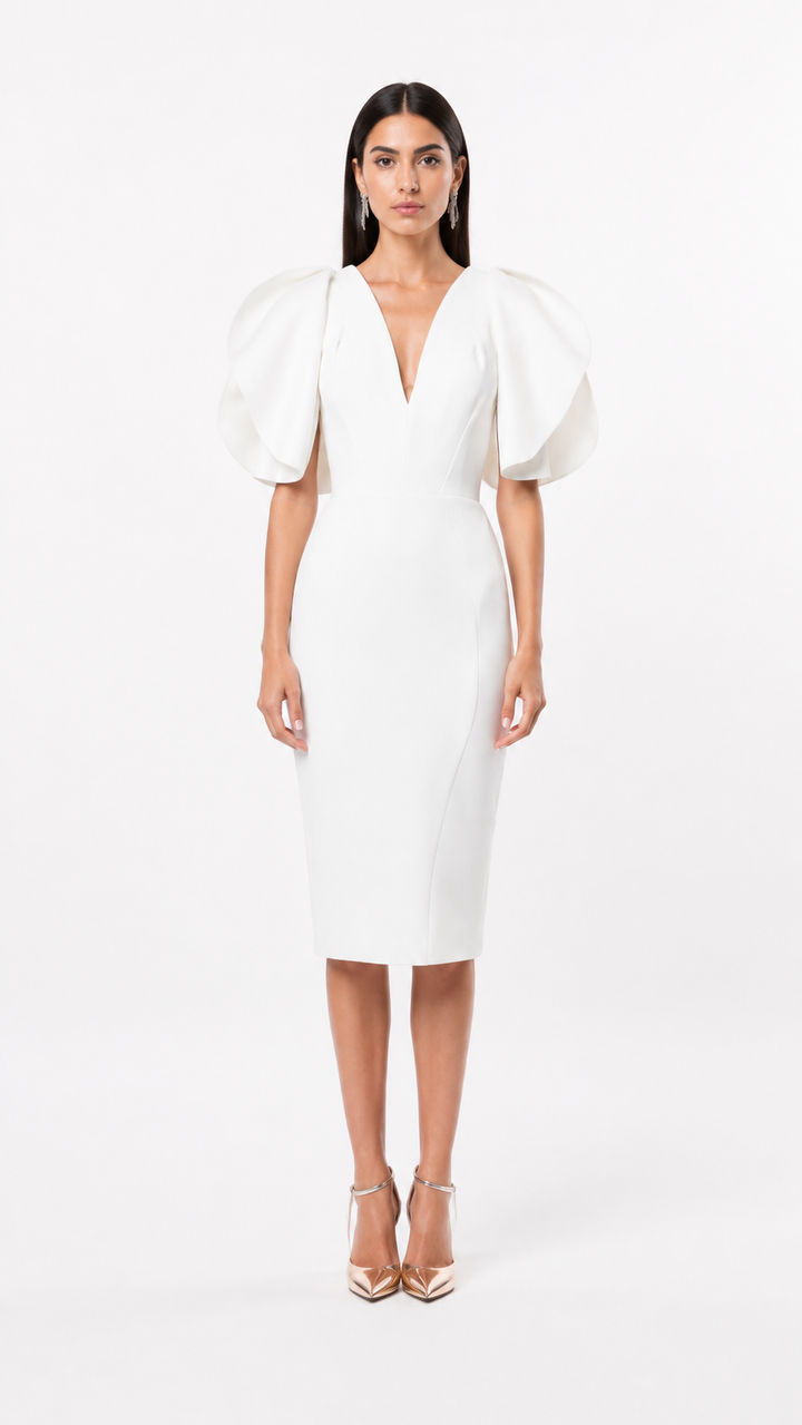 White Sculptural Sleeve Midi Dress – ALVESSA