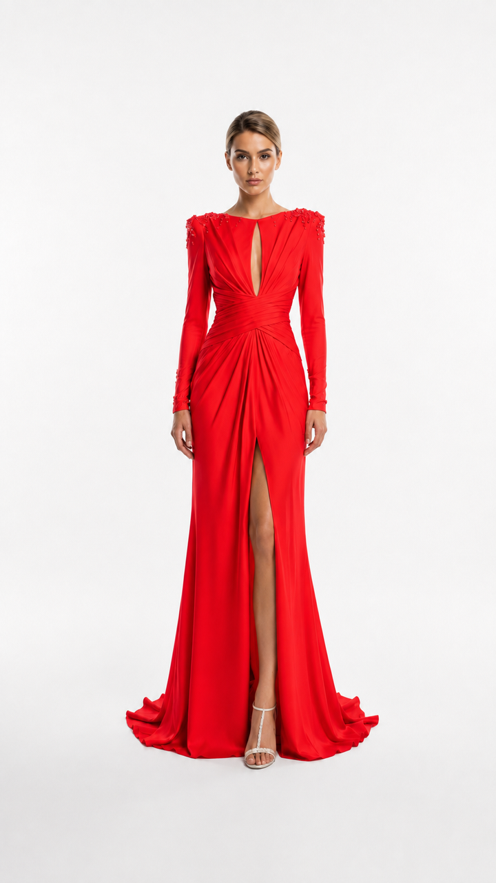 Ivory Draped Cutout Evening Dress – ELYSÉRA