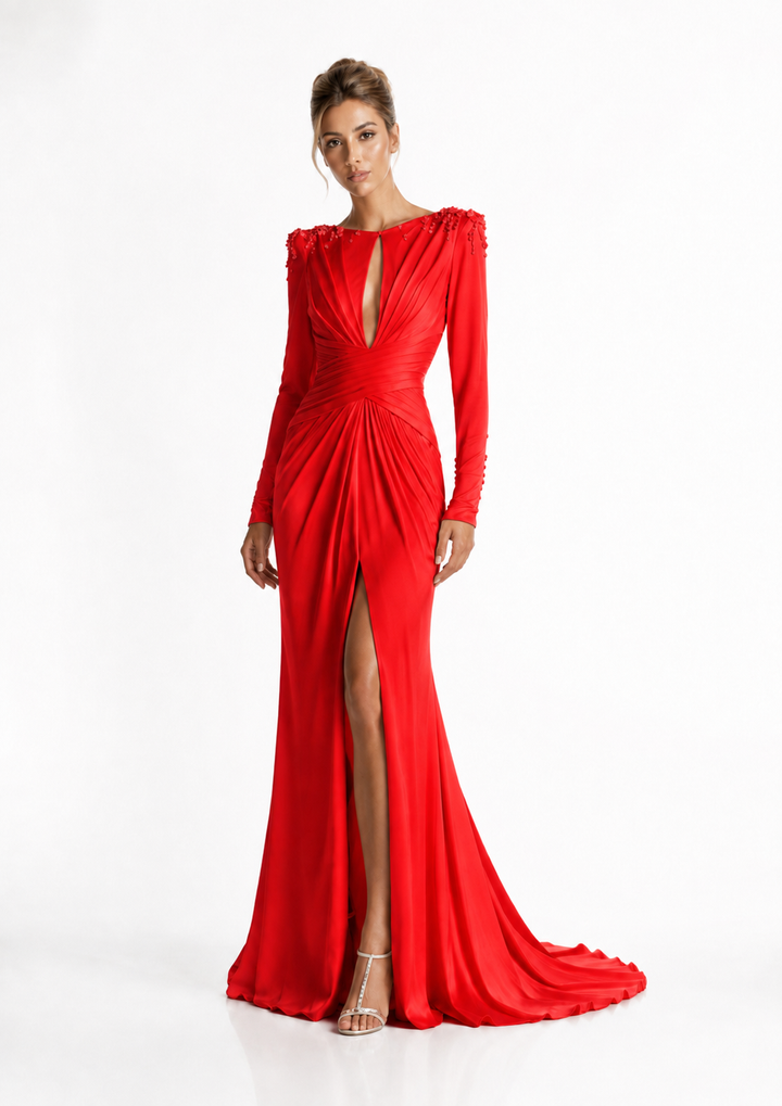 Ivory Draped Cutout Evening Dress – ELYSÉRA