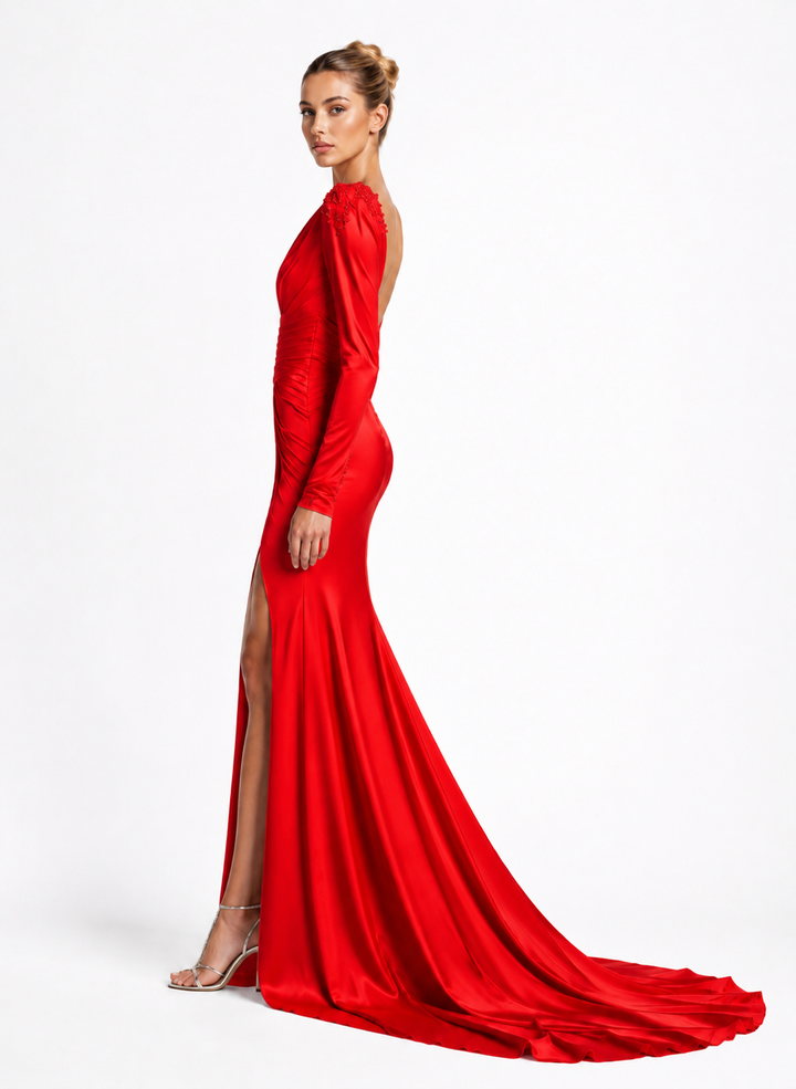 Ivory Draped Cutout Evening Dress – ELYSÉRA
