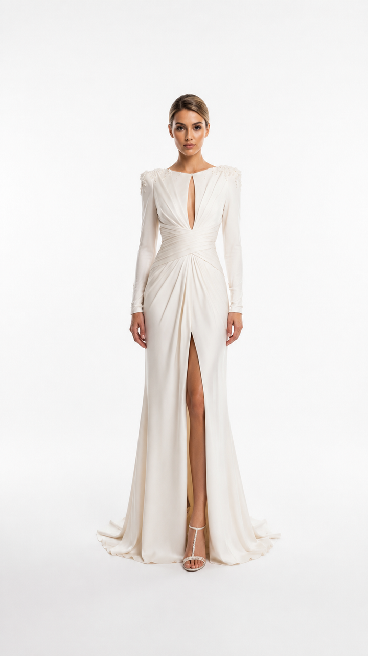 Ivory Draped Cutout Evening Dress – ELYSÉRA