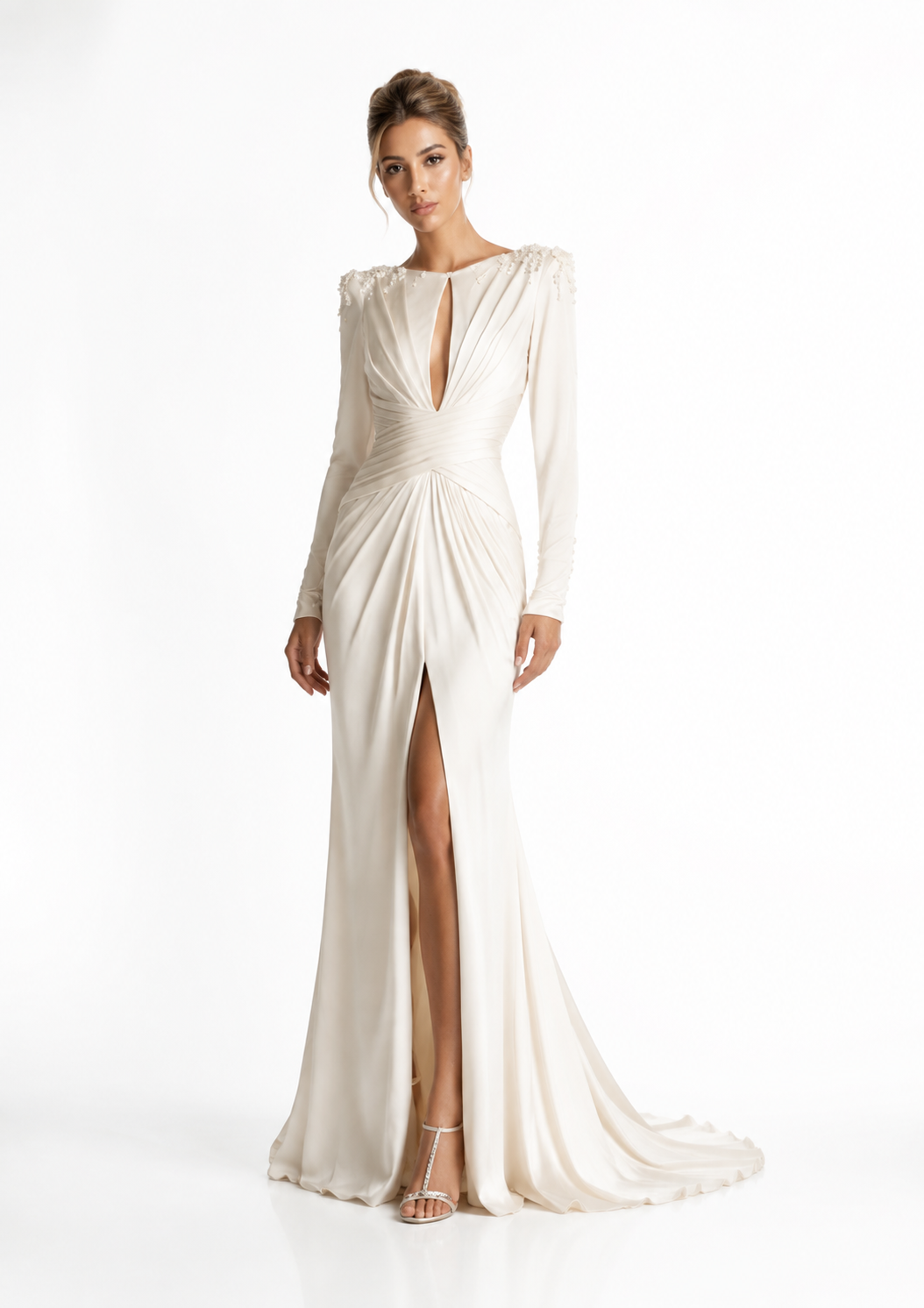 Ivory Draped Cutout Evening Dress – ELYSÉRA