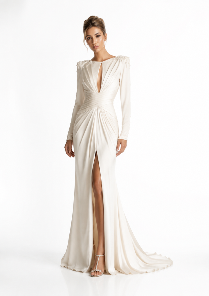 Ivory Draped Cutout Evening Dress – ELYSÉRA