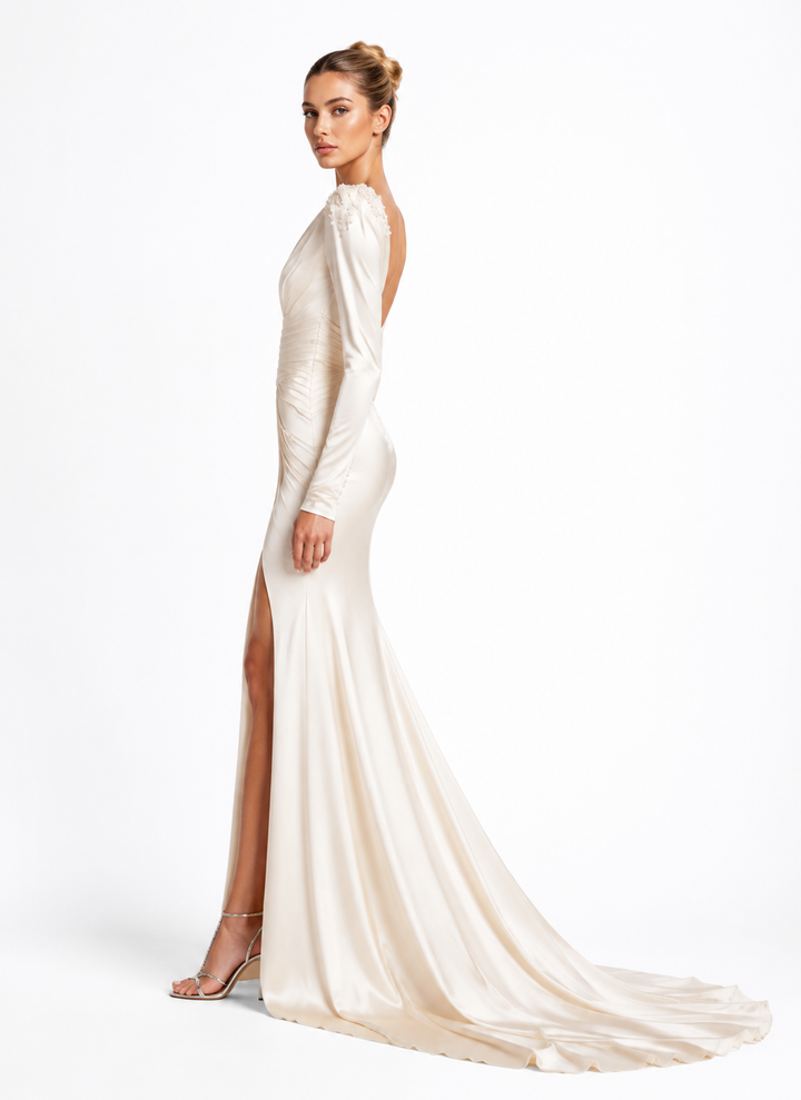 Ivory Draped Cutout Evening Dress – ELYSÉRA