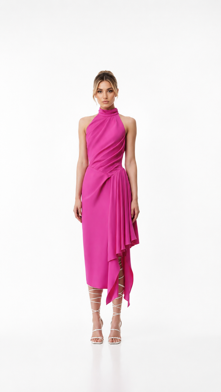 Fuchsia Halter Draped Midi Dress – FAVÉLIA