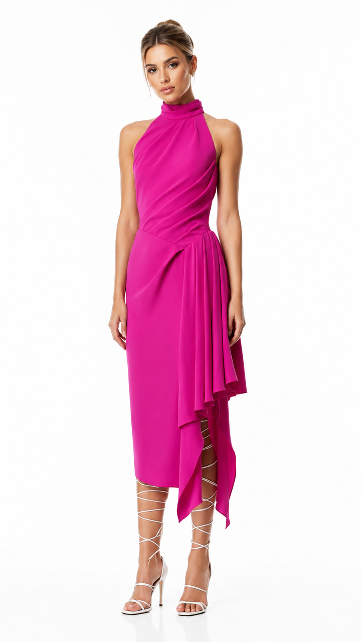 Fuchsia Halter Draped Midi Dress – FAVÉLIA