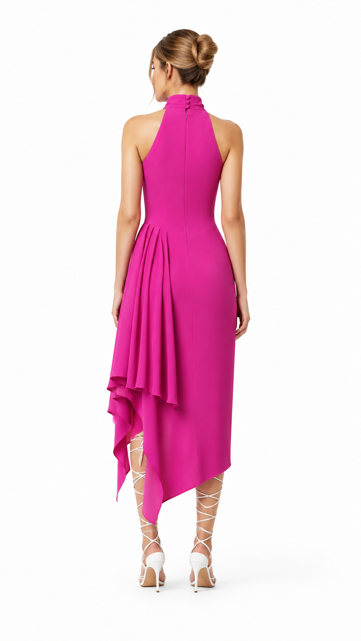 Fuchsia Halter Draped Midi Dress – FAVÉLIA