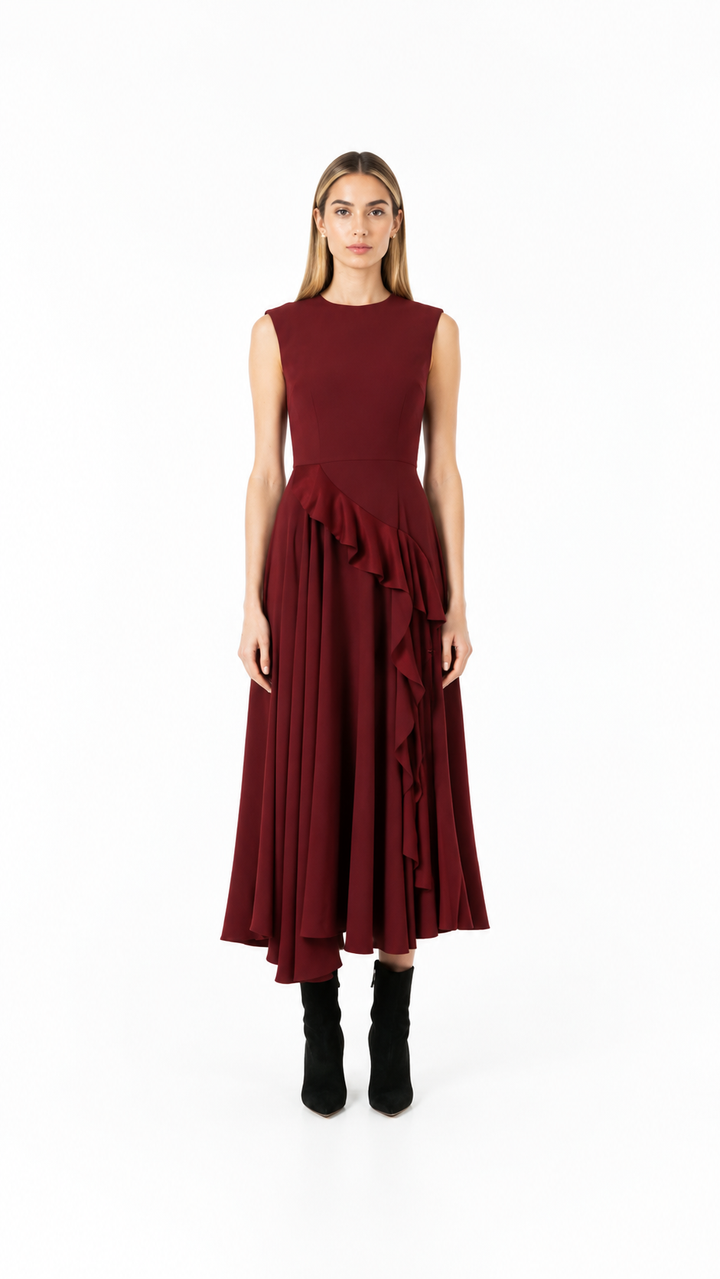Burgundy Pleated Ruffle Midi Dress – MAROVIA