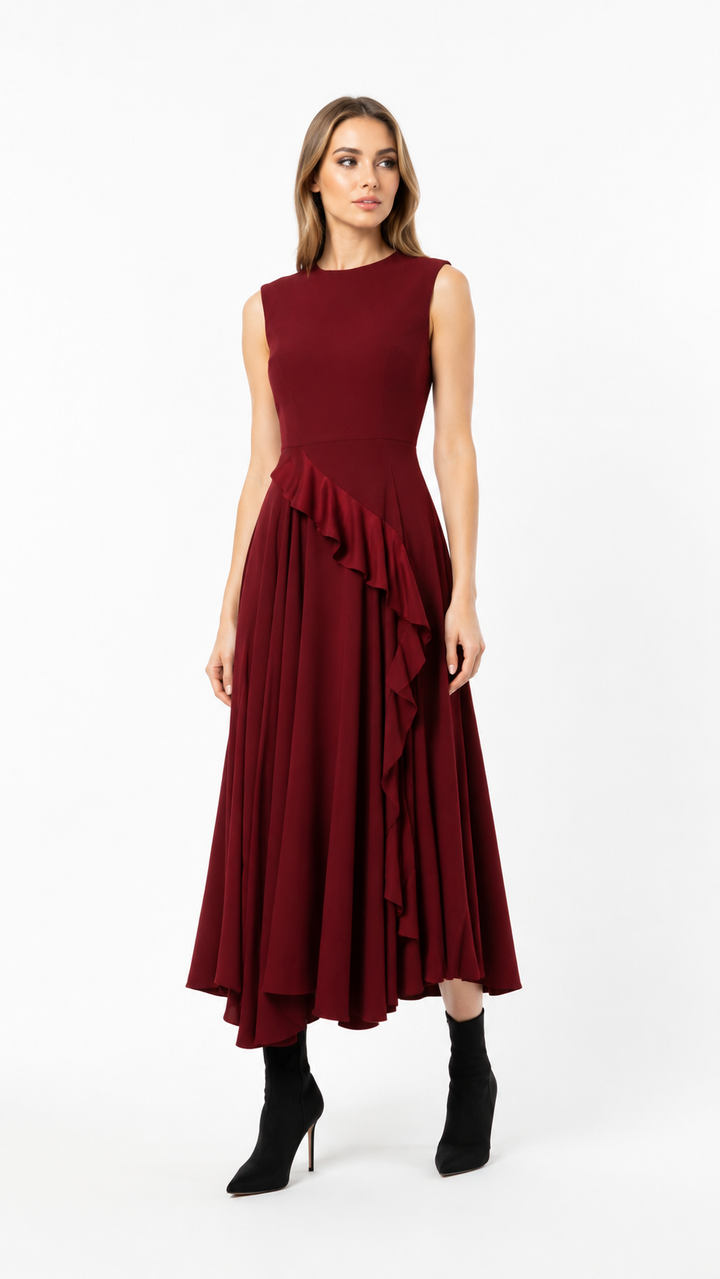 Burgundy Pleated Ruffle Midi Dress – MAROVIA