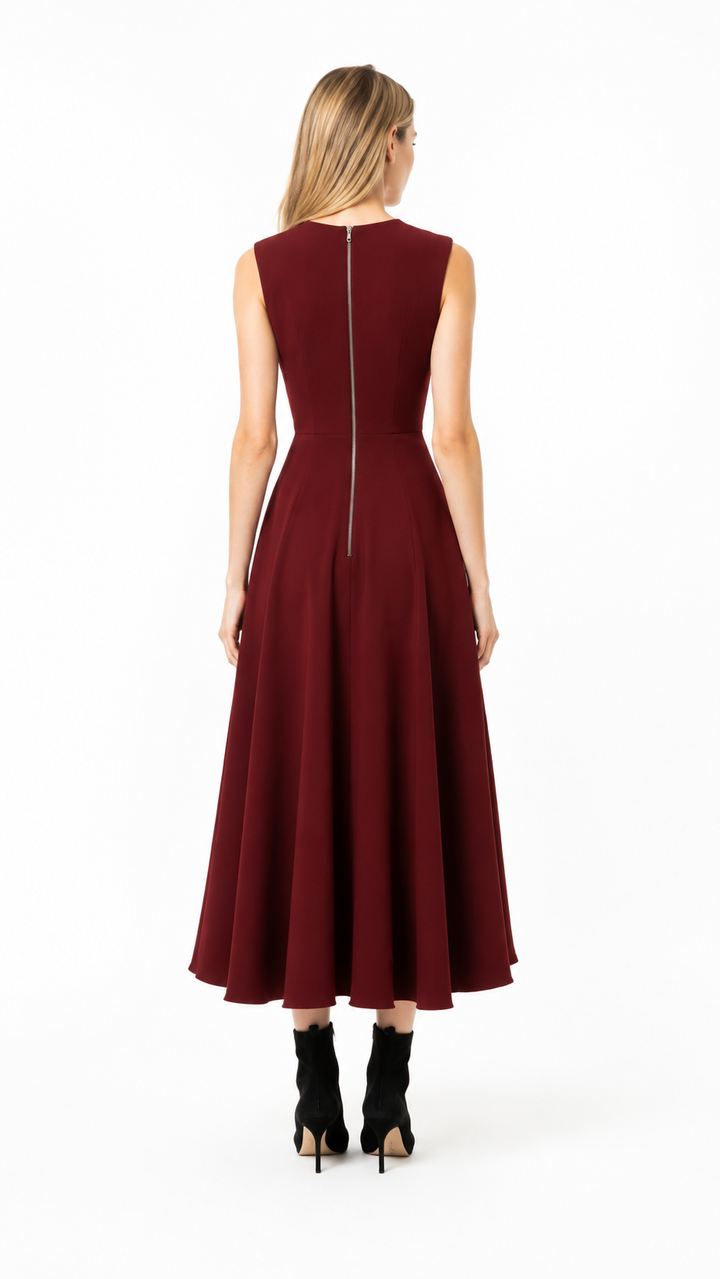 Burgundy Pleated Ruffle Midi Dress – MAROVIA