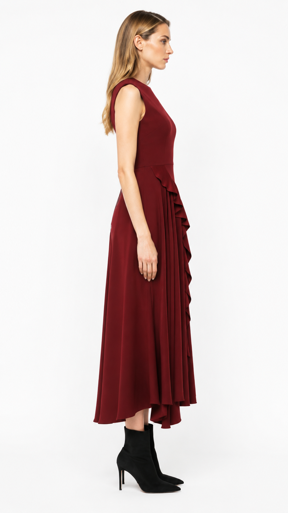 Burgundy Pleated Ruffle Midi Dress – MAROVIA