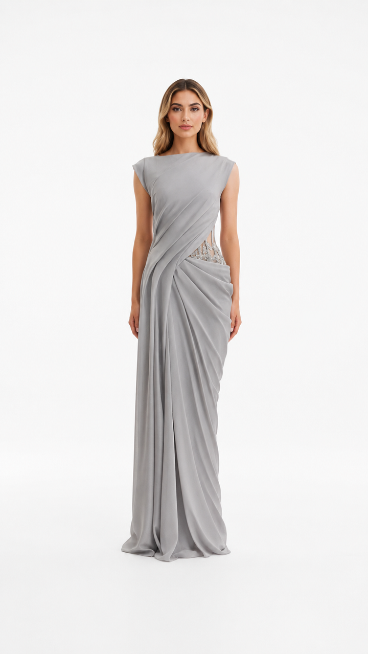 Silver Grey Draped Embellished Evening Dress – SILVÉRA