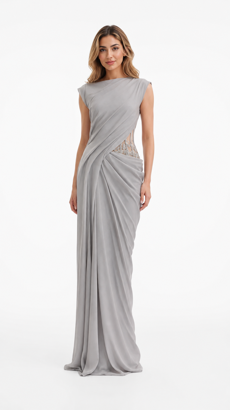 Silver Grey Draped Embellished Evening Dress – SILVÉRA