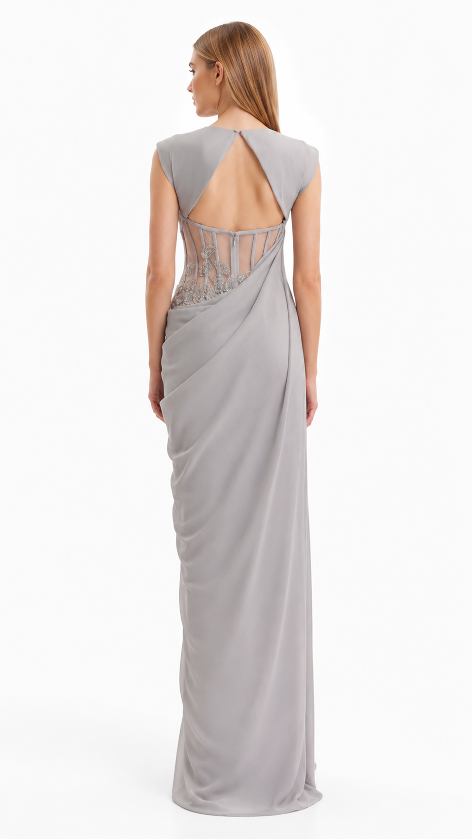 Silver Grey Draped Embellished Evening Dress – SILVÉRA