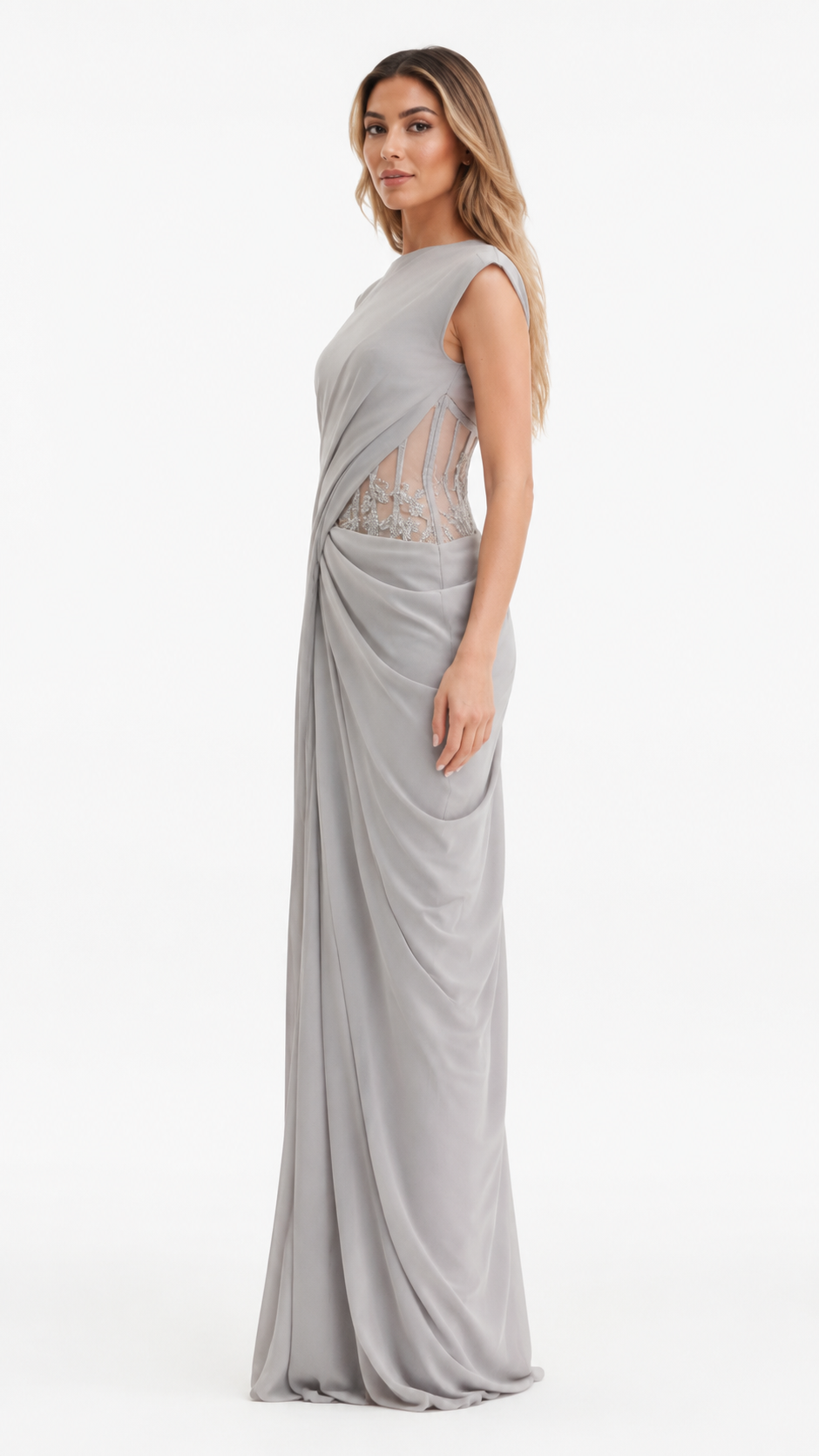 Silver Grey Draped Embellished Evening Dress – SILVÉRA