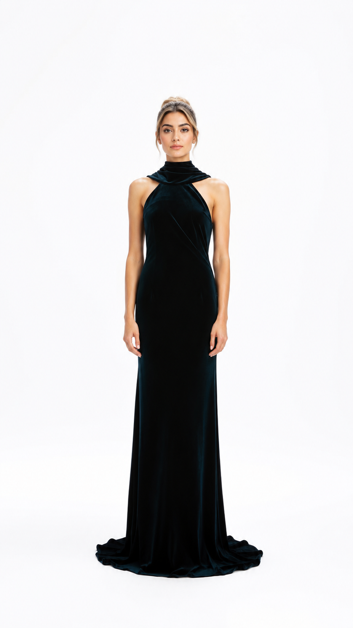 Black Velvet Halter Neck Evening Dress – VELMIRA