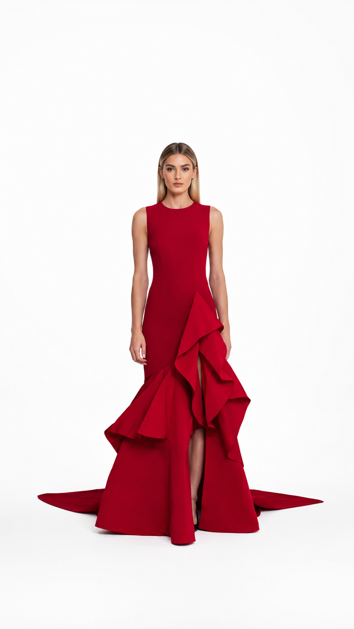 Red Cascading Ruffle High-Low Evening Dress – RAVELINA