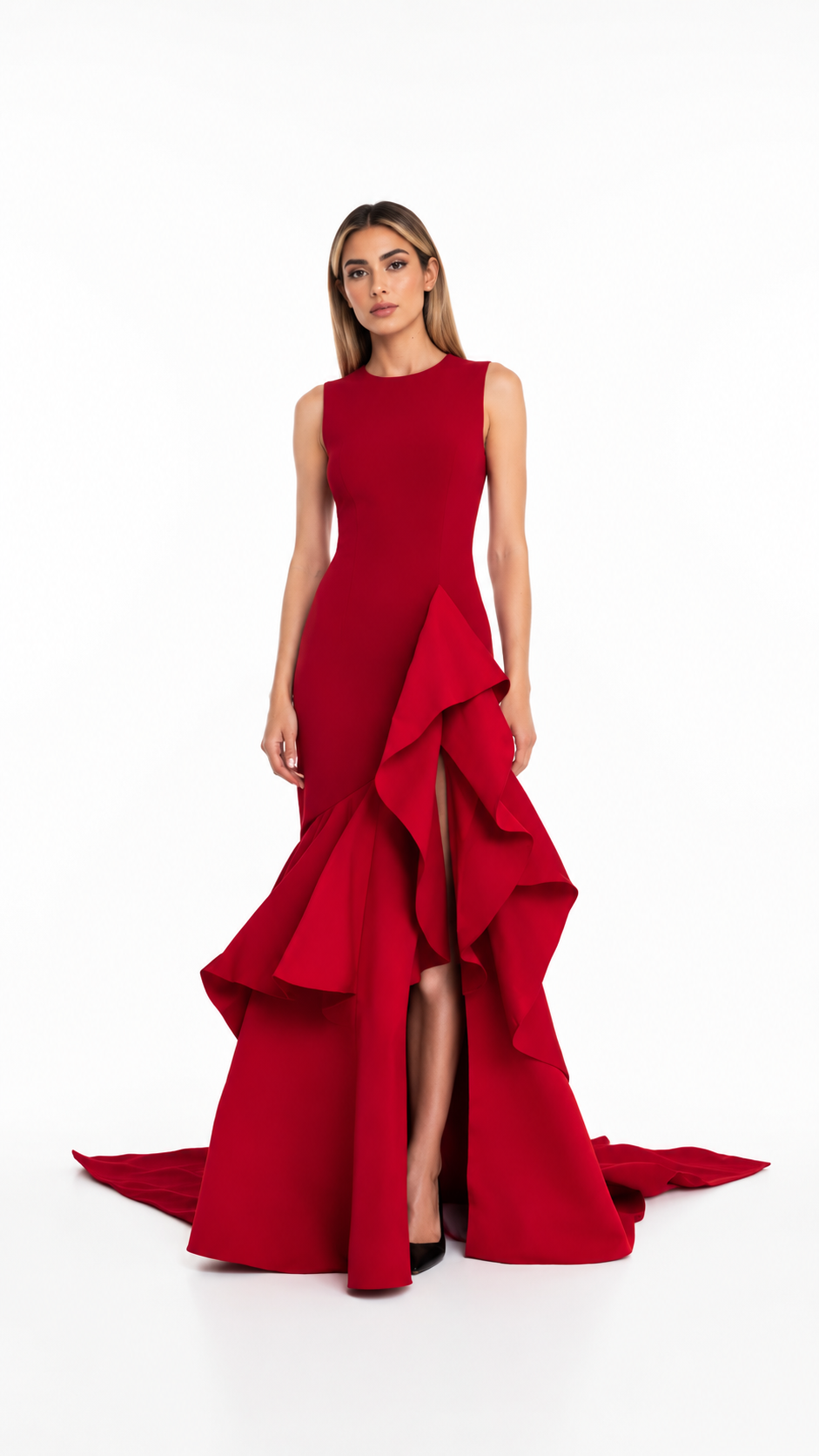 Red Cascading Ruffle High-Low Evening Dress – RAVELINA