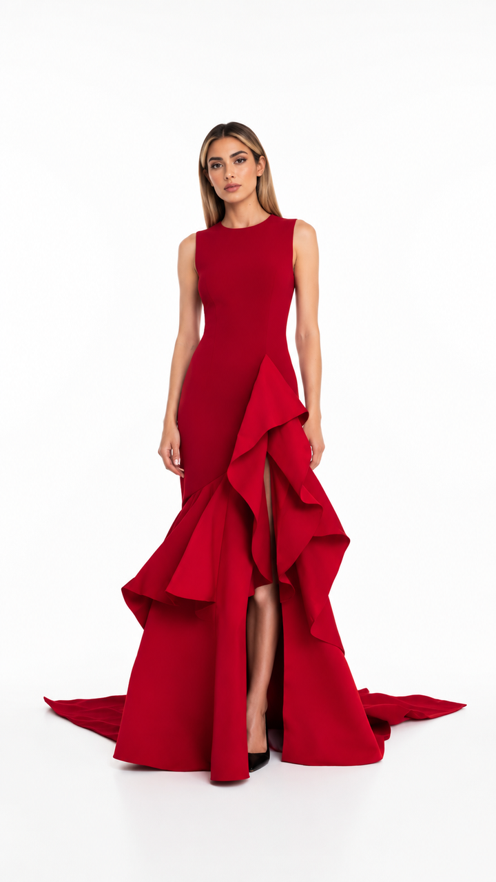 Red Cascading Ruffle High-Low Evening Dress – RAVELINA