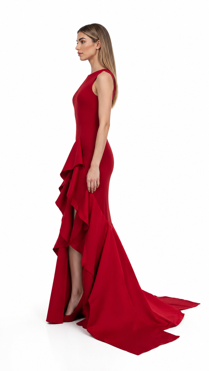 Red Cascading Ruffle High-Low Evening Dress – RAVELINA