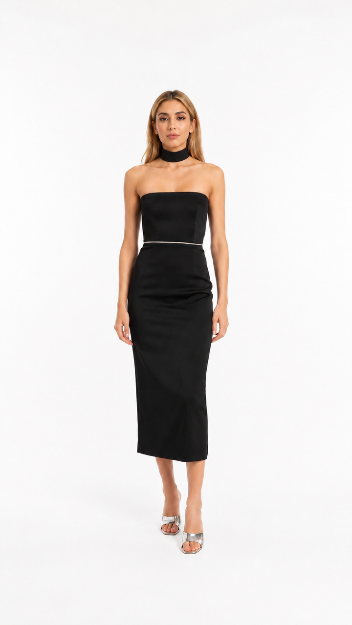 Black Strapless Belted Midi Dress – NOIRELLE